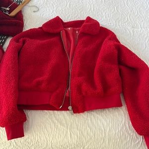 Zip front faux fur red bomber jacket